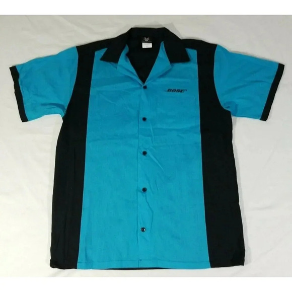 Bose Employee Hilton Bowling Shirt Short Sleeve Button Front Blue Black Mens S - Picture 1 of 4